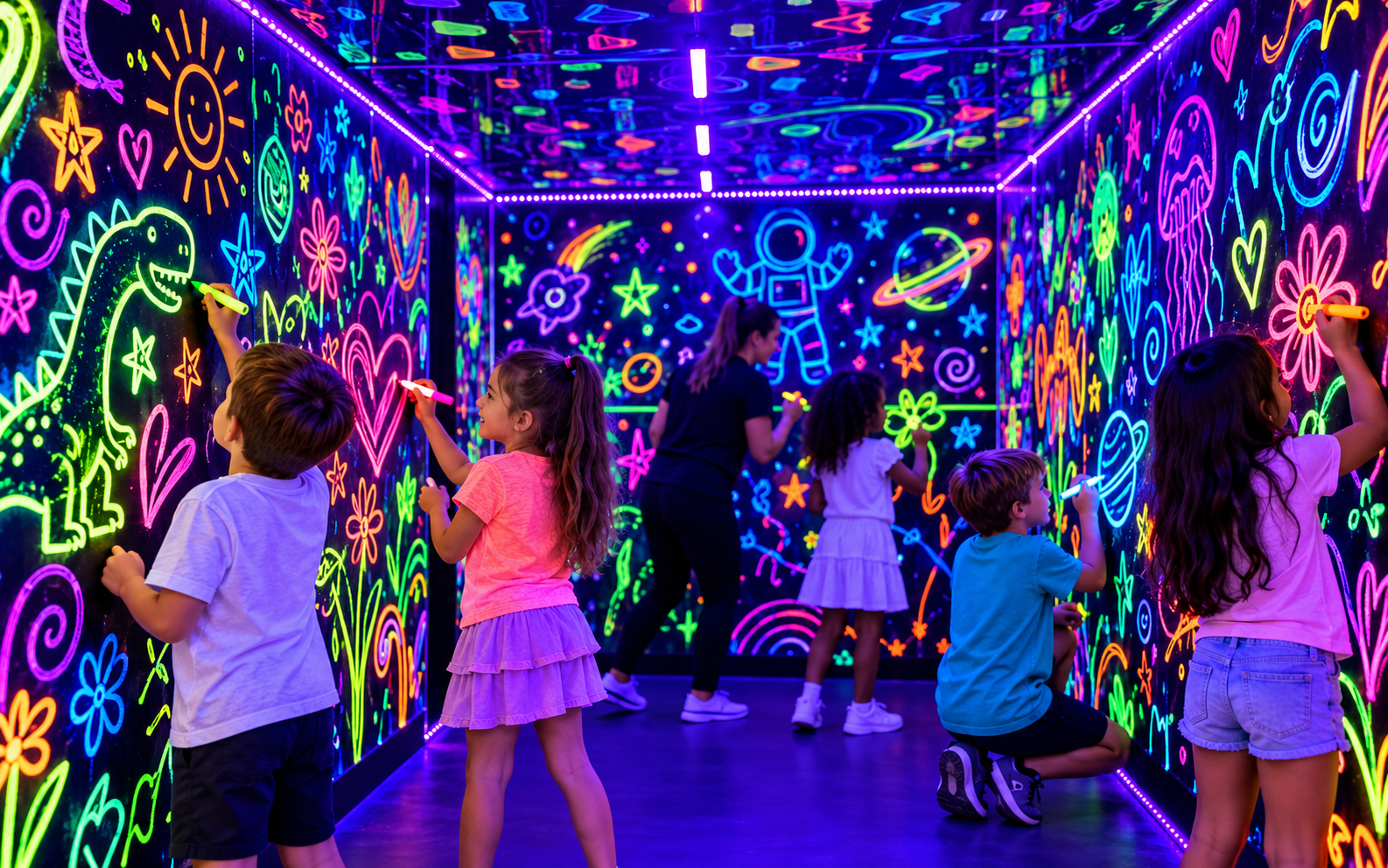 Children creating colourful art together in the Glow Zone