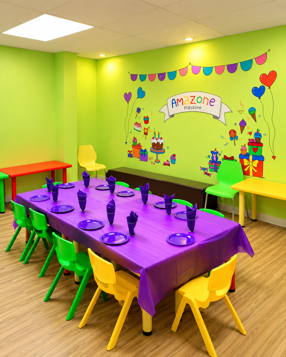 Bright Amazone Playzone birthday party room prepared for guests